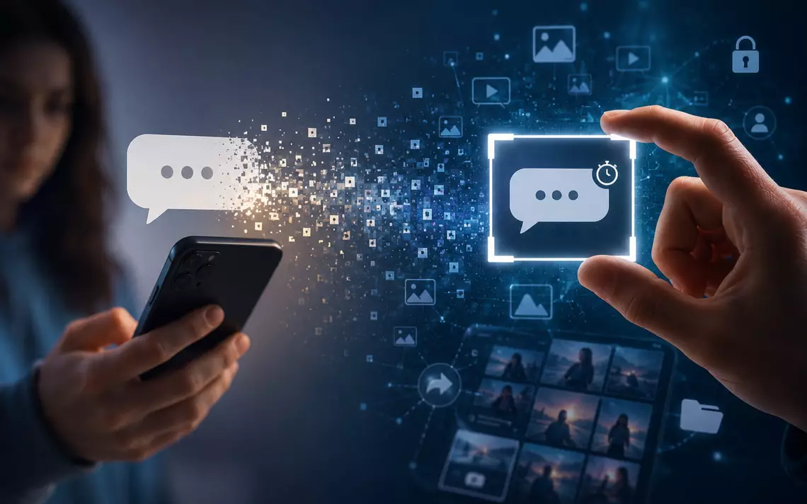 Une jeune tenant son smartphone avec une icône de message qui sort du téléphone et est attrapé par deux doigts à côté