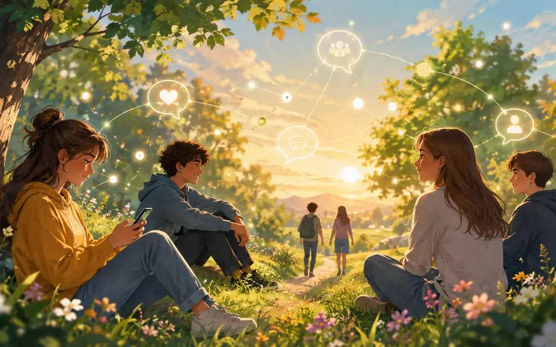 Des jeunes dans une belle nature avec des références aux réseaux sociaux dans le décor. Symbole d'un environnement sain