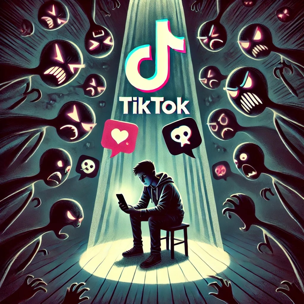 Un jeune sur allant sur tiktok avec smartphone qui est entouré de personnage menaçant et haineux